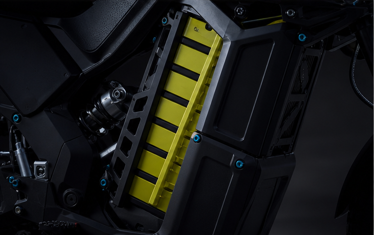 Close view of the fictional motorcycle modular yellow energy spine and graphite frame