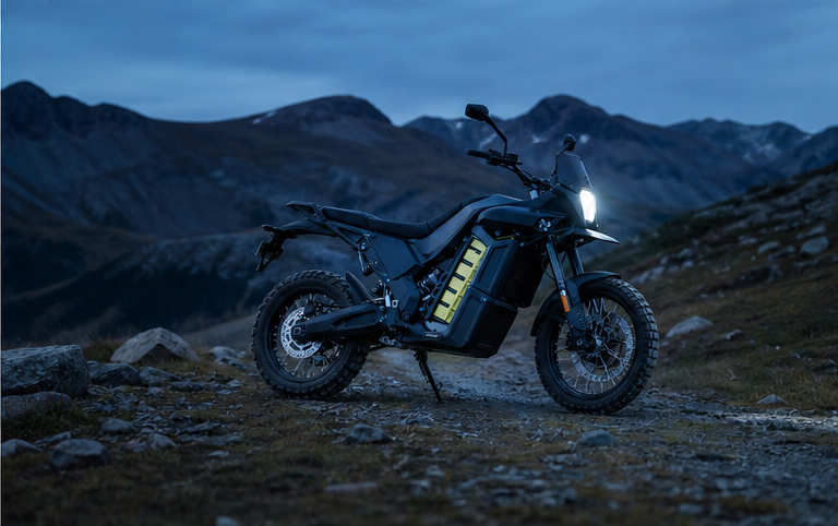 Original fictional electric adventure motorcycle resting on a mountain trail at blue hour